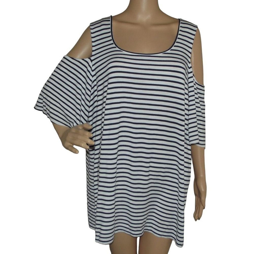 Foxcroft NYC 1X T-shirt black or navy & white striped cold shoulder top viscose